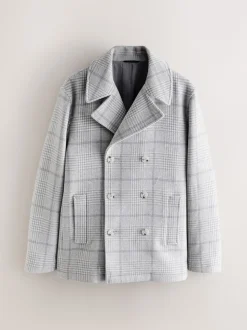Grey Wool Blend Soft Touch Check Pea Coat