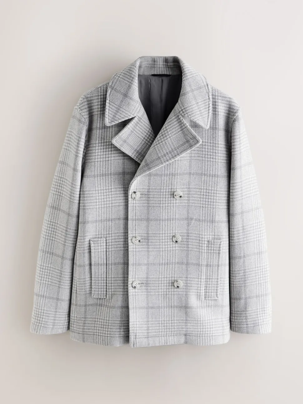 Grey Wool Blend Soft Touch Check Pea Coat