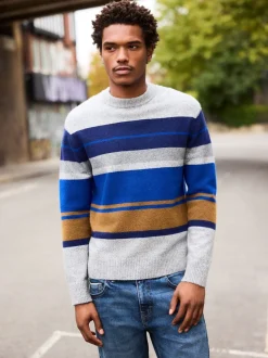 Grey/Blue Regular Fit Cosy Stripe Crew Jumper with Wool