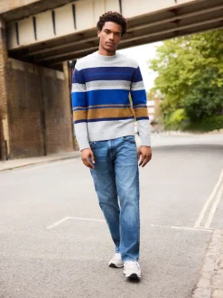 Grey/Blue Regular Fit Cosy Stripe Crew Jumper with Wool