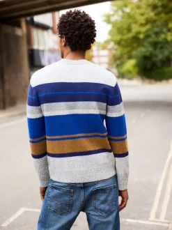 Grey/Blue Regular Fit Cosy Stripe Crew Jumper with Wool