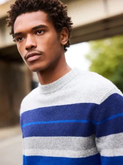 Grey/Blue Regular Fit Cosy Stripe Crew Jumper with Wool