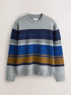 Grey/Blue Regular Fit Cosy Stripe Crew Jumper with Wool