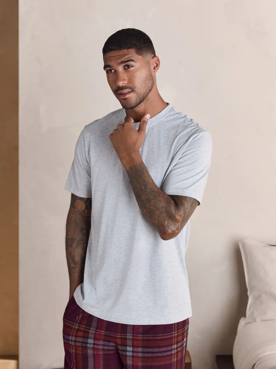 Grey/Burgundy Red Check Motionflex Cosy Short Sleeve Pyjamas Set