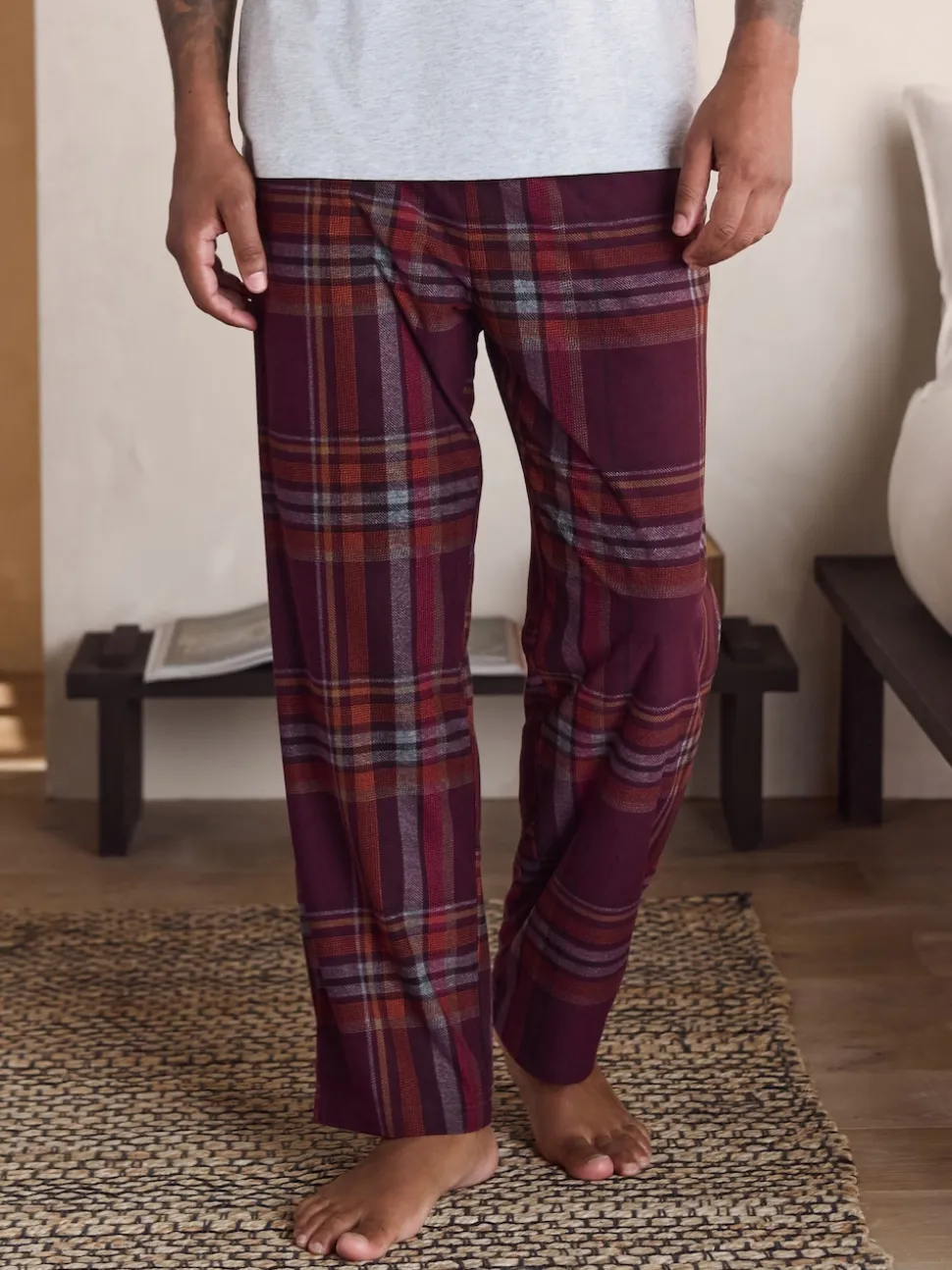 Grey/Burgundy Red Check Motionflex Cosy Short Sleeve Pyjamas Set