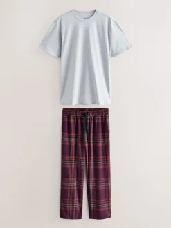 Grey/Burgundy Red Check Motionflex Cosy Short Sleeve Pyjamas Set