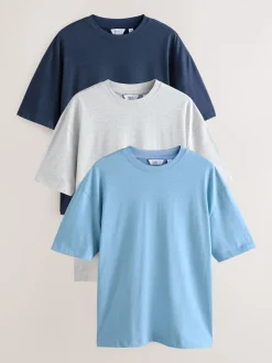Grey/Light Blue/Navy Blue Marls Relaxed Fit Heavyweight T-Shirts 3 Pack