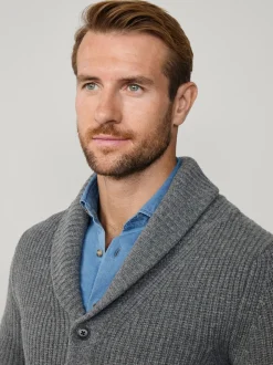 Hackett Grey Merino Wool Ribbed Shawl Cardigan