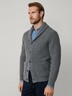 Hackett Grey Merino Wool Ribbed Shawl Cardigan
