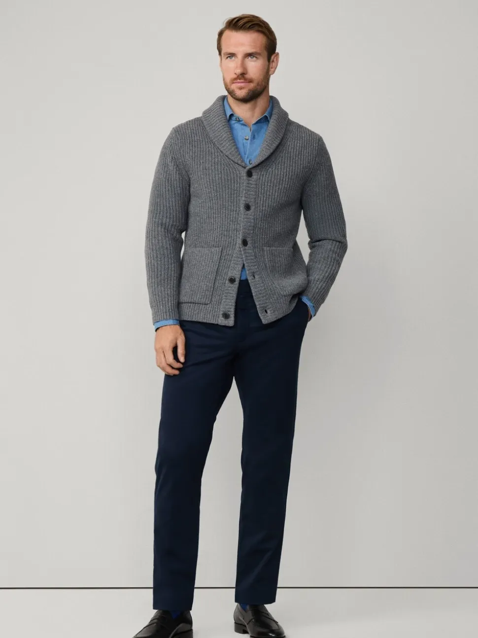 Hackett Grey Merino Wool Ribbed Shawl Cardigan