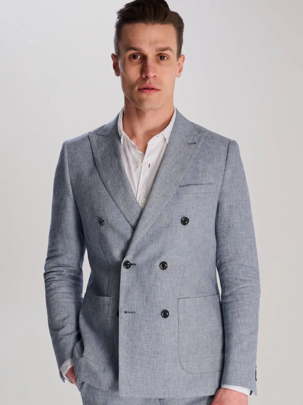 Harry Brown Blue Giacomo Cotton Linen Double Breasted Suit Jacket