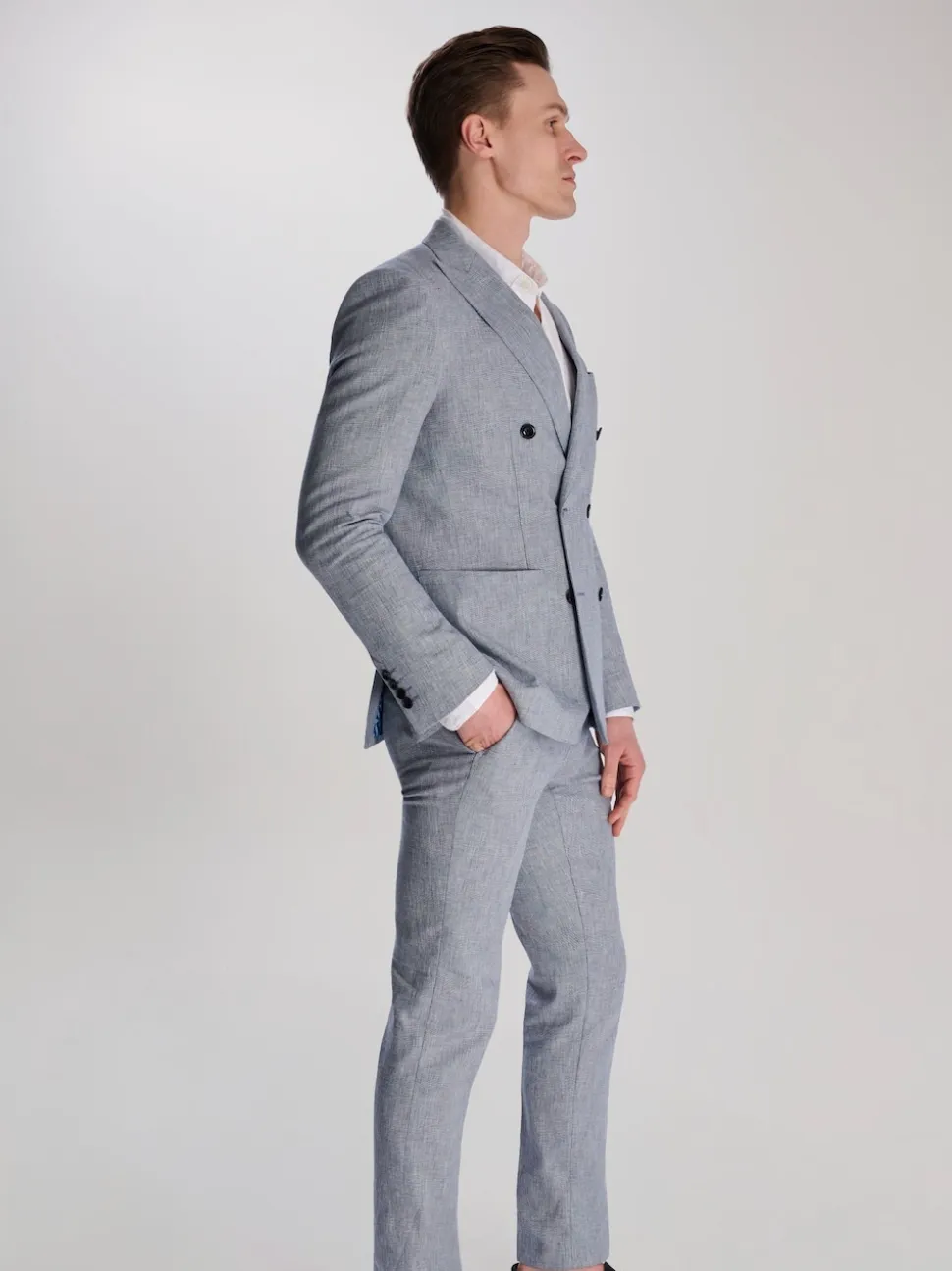 Harry Brown Blue Giacomo Cotton Linen Double Breasted Suit Jacket