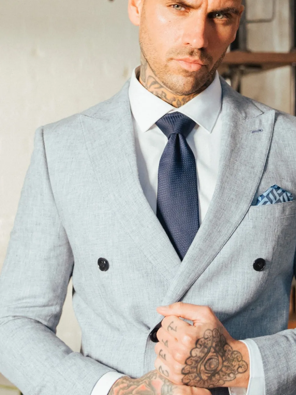 Harry Brown Blue Giacomo Cotton Linen Double Breasted Suit Jacket