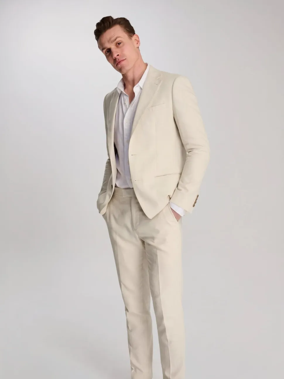 Harry Brown Cream Giacomo Slim Fit Cotton Linen Suit Jacket