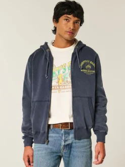 Hollister Blue Logo Waffle Lined Boxy Zip-Up Hoodie