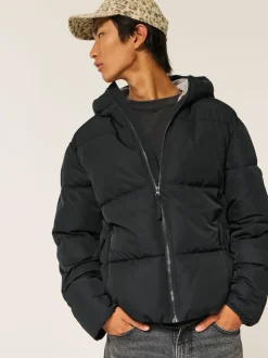 Hollister Core Puffer Black Coat With Contrast Lining