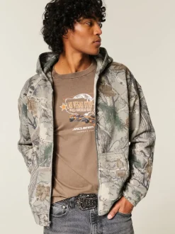Hollister Grey Camo Print Logo Zip Through Hoodie
