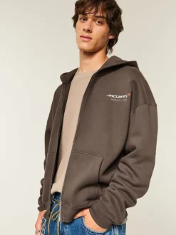 Hollister McLaren Back Print Graphic Zip Through Brown Hoodie