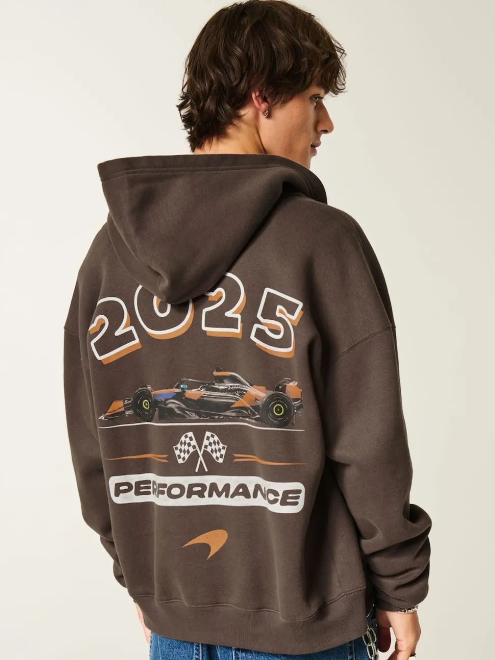Hollister McLaren Back Print Graphic Zip Through Brown Hoodie