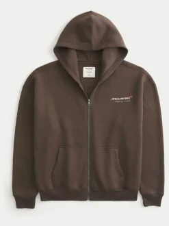 Hollister McLaren Back Print Graphic Zip Through Brown Hoodie