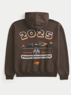 Hollister McLaren Back Print Graphic Zip Through Brown Hoodie