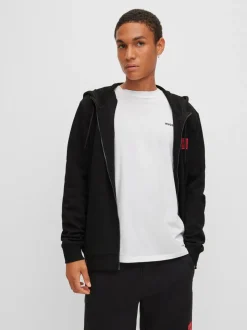 HUGO Black Regular Fit Cotton Hoodie In French Terry With Logo Label