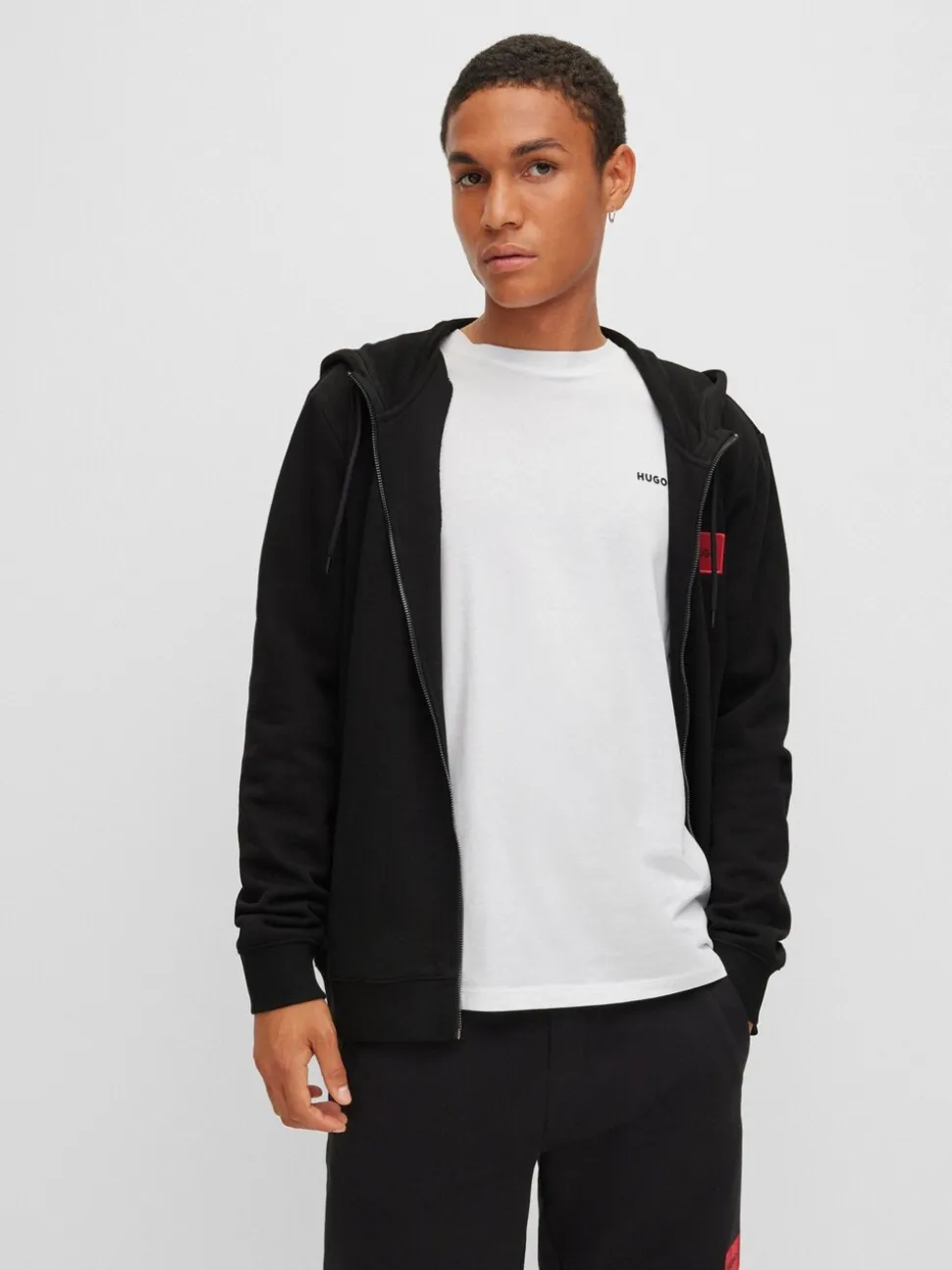 HUGO Black Regular Fit Cotton Hoodie In French Terry With Logo Label