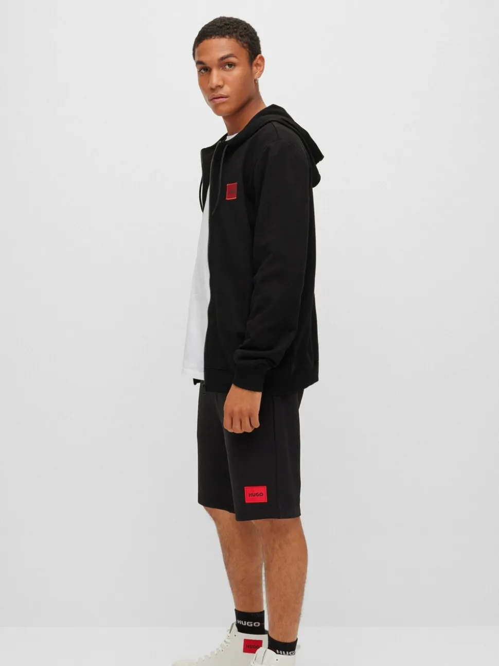 HUGO Black Regular Fit Cotton Hoodie In French Terry With Logo Label