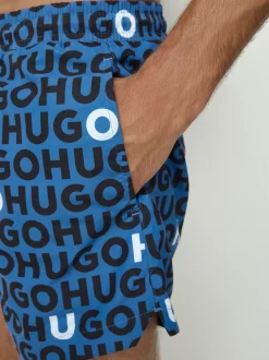HUGO Blue Logo Print Swim Shorts