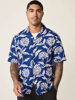 Indigo Blue Floral Print Short Sleeve Shirt