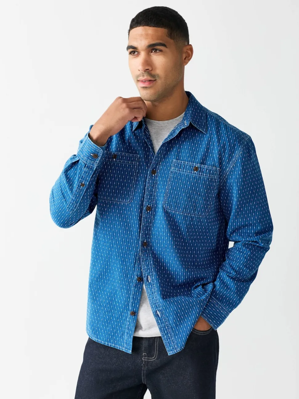 Indigo Blue Printed Textured Long Sleeve Shirt