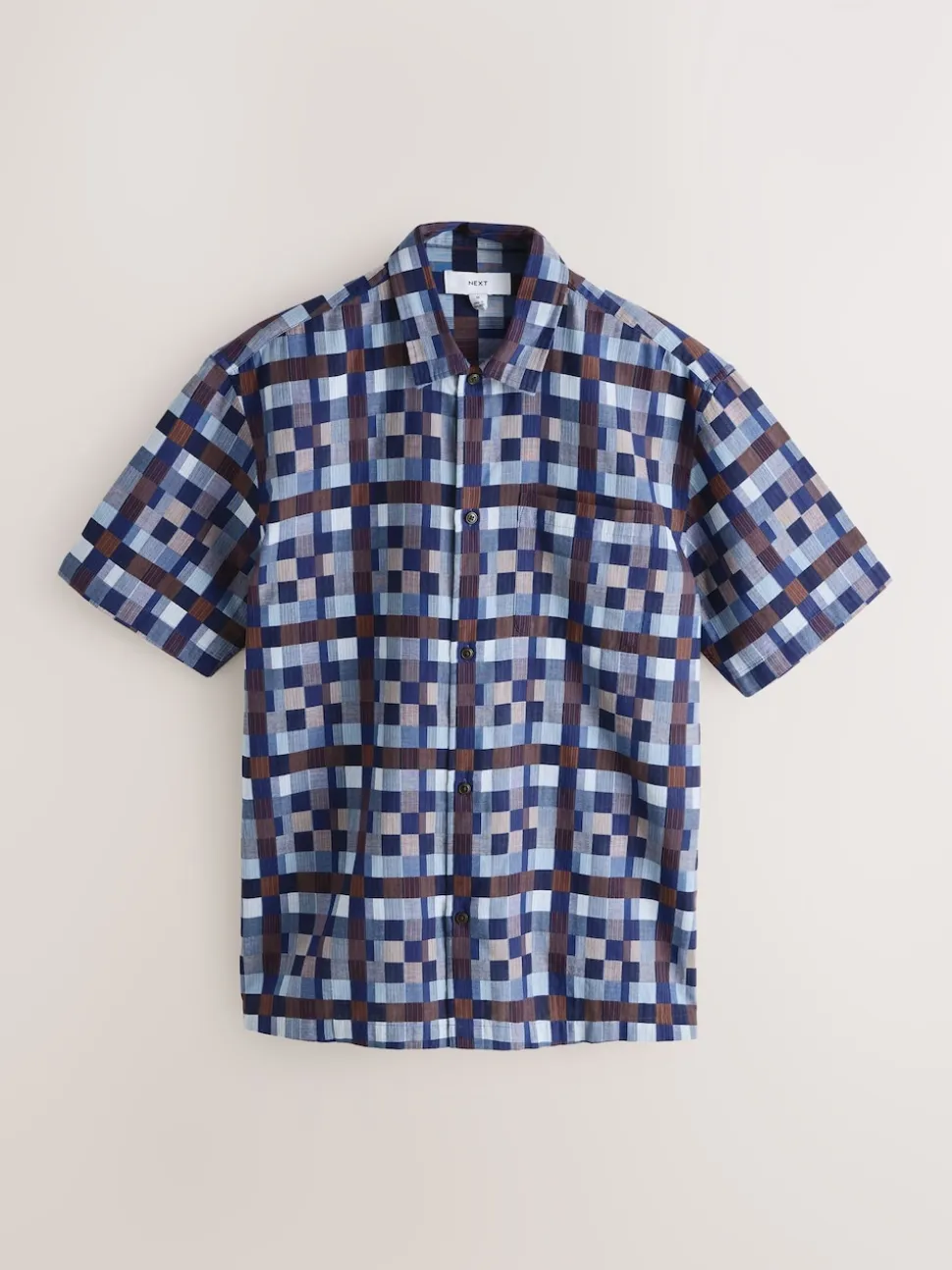 Indigo Blue Textured Patchwork Chambray Short Sleeve Shirt