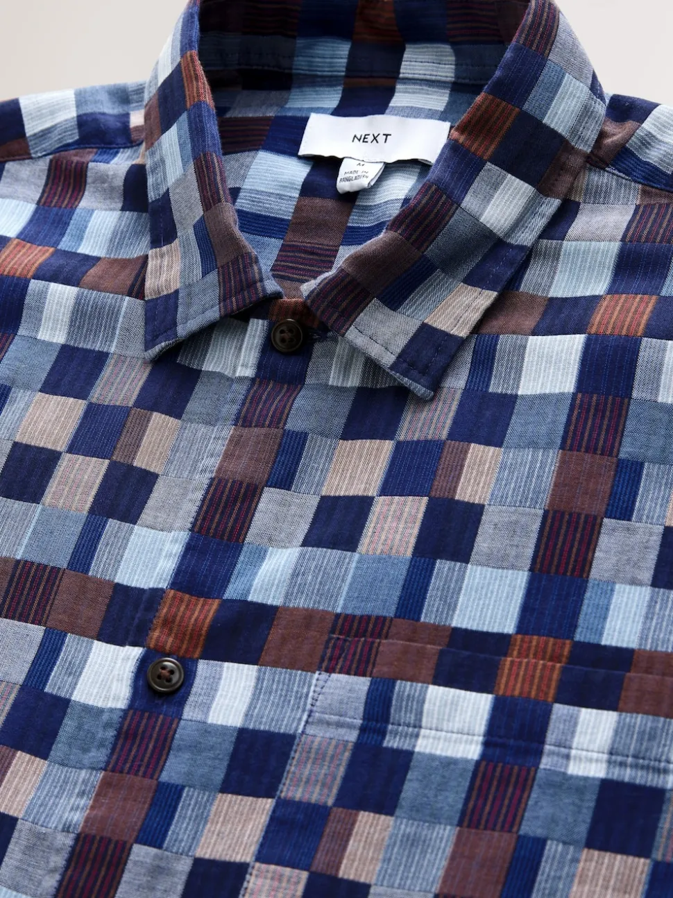Indigo Blue Textured Patchwork Chambray Short Sleeve Shirt
