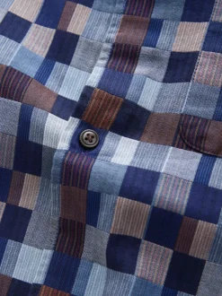 Indigo Blue Textured Patchwork Chambray Short Sleeve Shirt