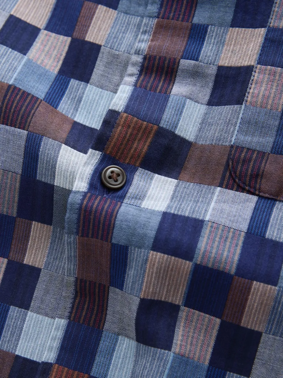 Indigo Blue Textured Patchwork Chambray Short Sleeve Shirt