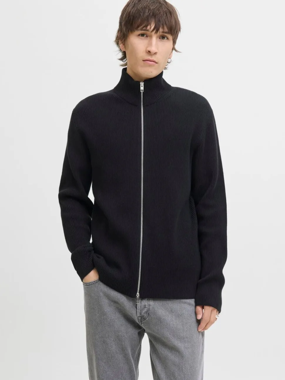 JACK & JONES Black High Neck Knit Cardigan