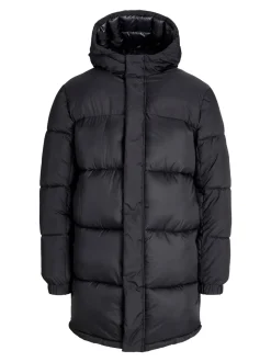 JACK & JONES Black Long Hooded Puffer Jacket