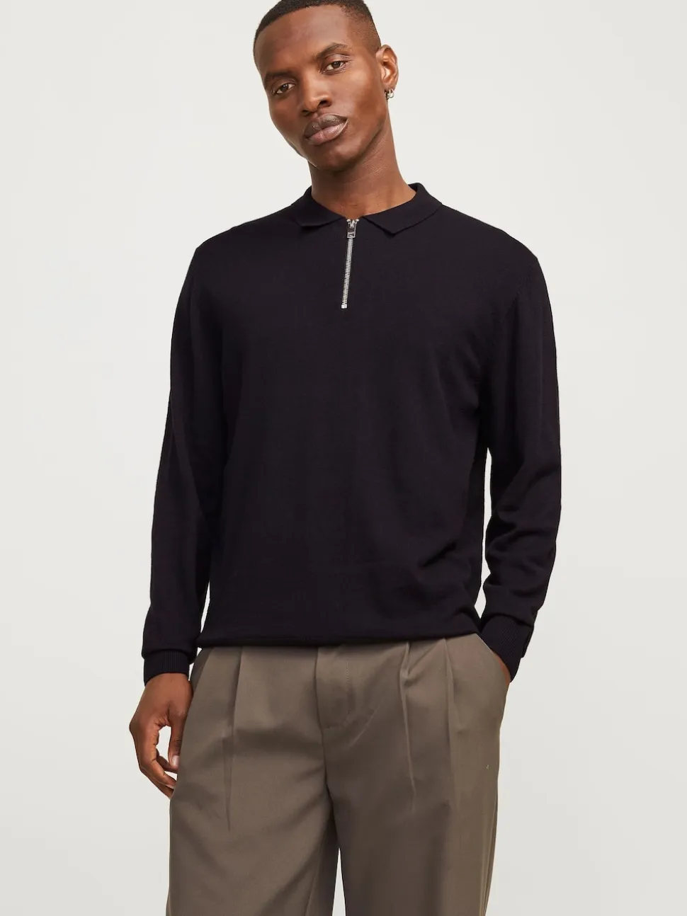 JACK & JONES Black Quarter Zip Knitted Polo Shirt