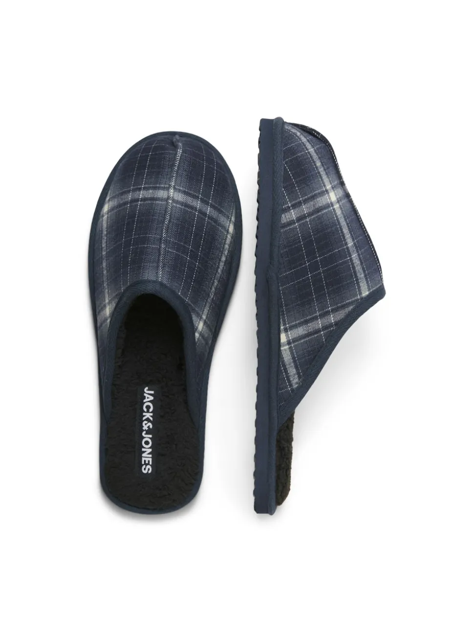 JACK & JONES Blue Check Fleece Lined Mule Slippers