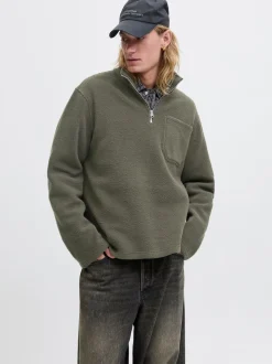 JACK & JONES Brown Half Zip Teddy Fleece