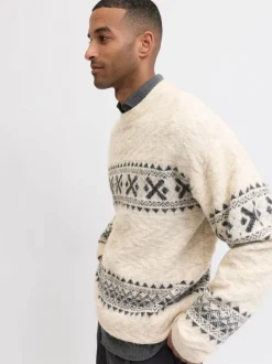 JACK & JONES Cream Fairisle Pattern Crew Knit Long Sleeve Jumper
