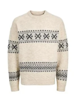 JACK & JONES Cream Fairisle Pattern Crew Knit Long Sleeve Jumper