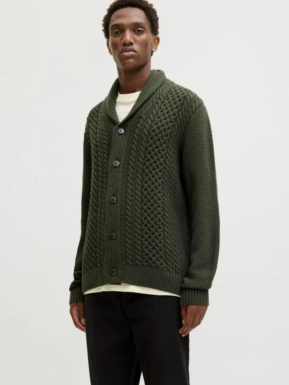 JACK & JONES Green Cable Knit Shawl Cardigan
