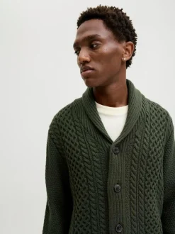 JACK & JONES Green Cable Knit Shawl Cardigan