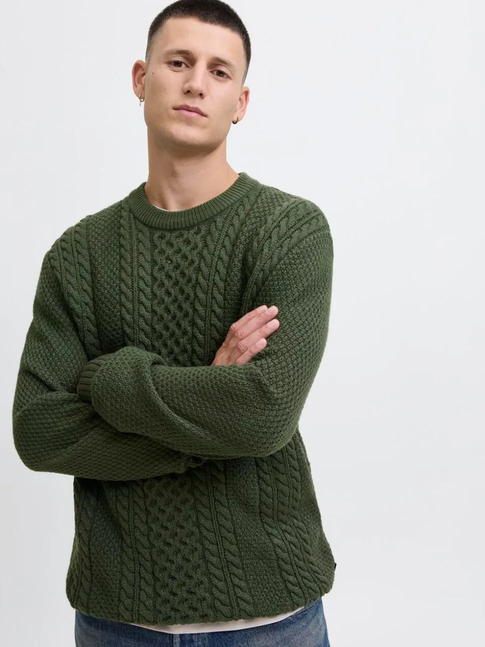 JACK & JONES Green Cable Knit Crew Neck Jumper
