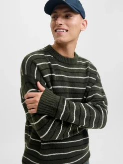 JACK & JONES Green Stripe Knit Crew Neck Jumper