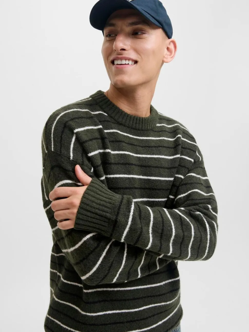 JACK & JONES Green Stripe Knit Crew Neck Jumper