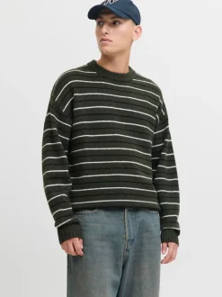 JACK & JONES Green Stripe Knit Crew Neck Jumper