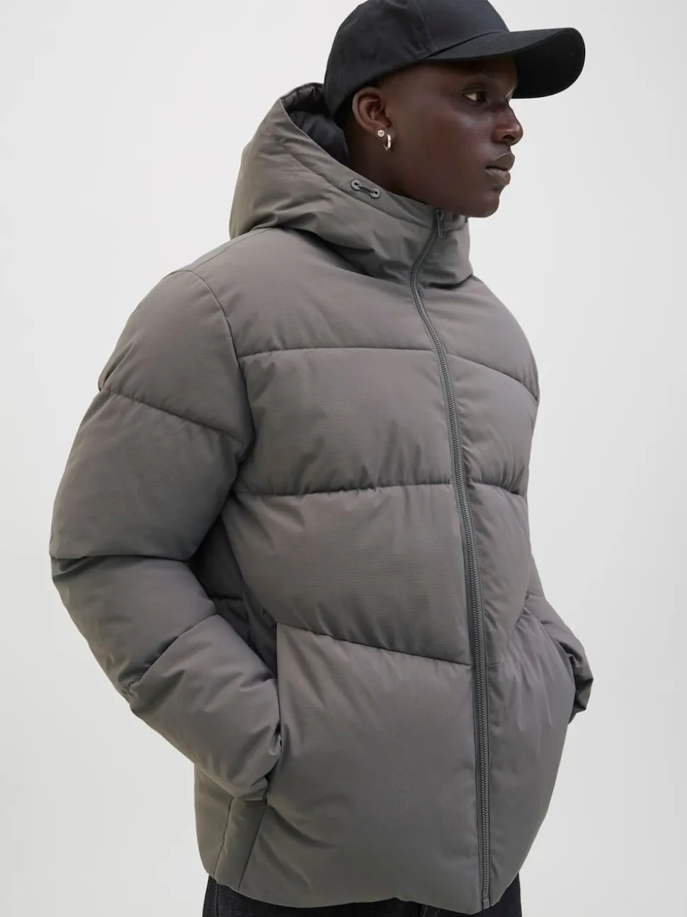 JACK & JONES Grey Hooded Puffer Jacket