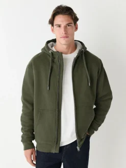 Khaki Green Borg Fleece Lined Full Zip Hoodie